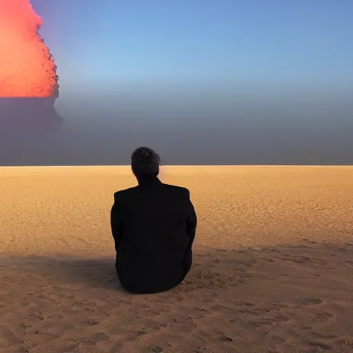 Image similar to guy sitting on the desert sand watching a nuclear explosion go off on the horizon, foggy