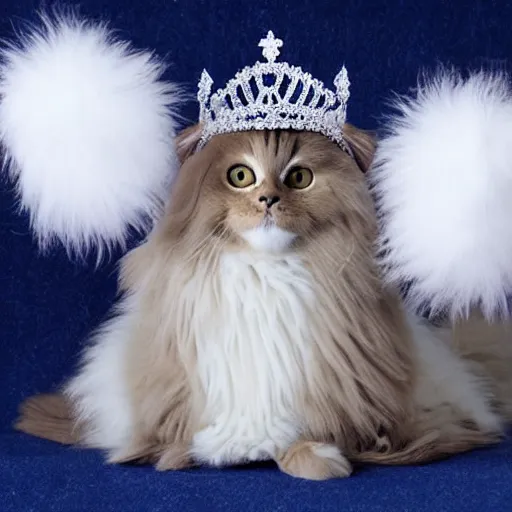 Prompt: fluffy long haired ragdoll cat wearing princess dress and crown