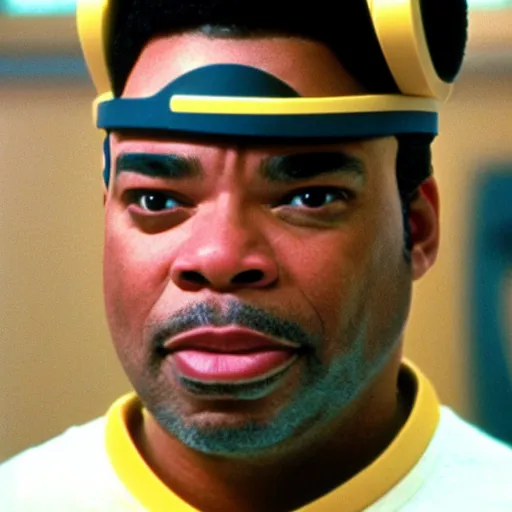 Prompt: Geordi LaForge wearing visor and a colander and random kitchen tools on his head