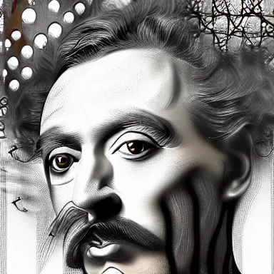 Image similar to portrait of a uncanny artist by Chor Boogie and Salvador Dali collaboration, digital art, mix of aesthetics, close up, high details