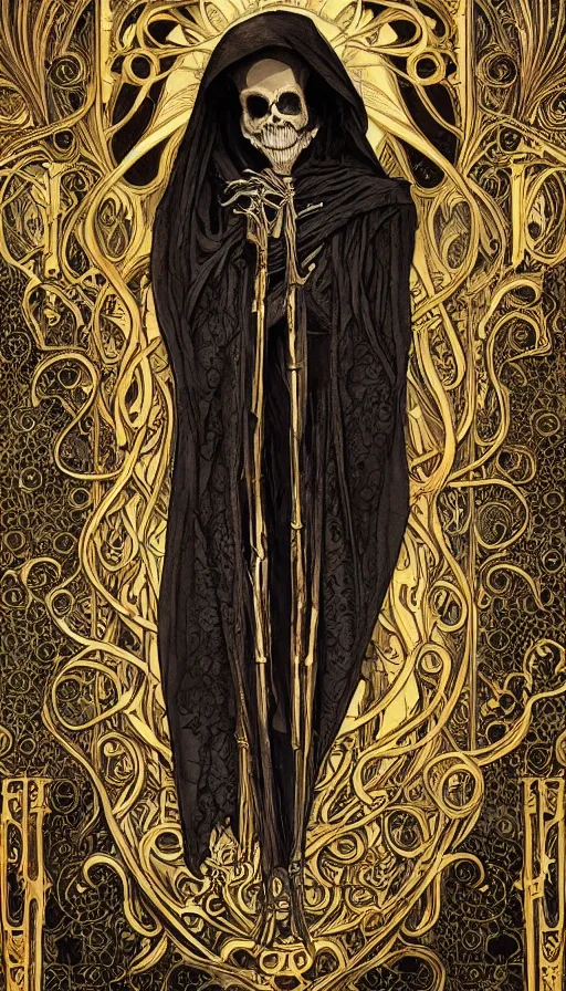 Image similar to a skeleton in a black cloak, highly detailed, very intricate, art nouveau, gold filigree, left right symmetry, tarot concept art watercolor illustration by mandy jurgens and alphonse mucha and alena aenami, featured on artstation