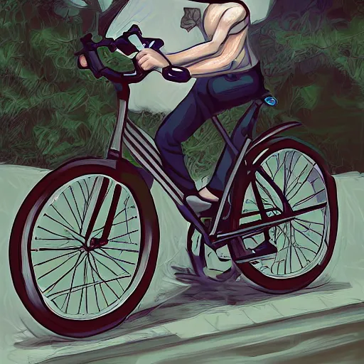 Image similar to a portrait of a really short men biting a really tall bike realistic digital art