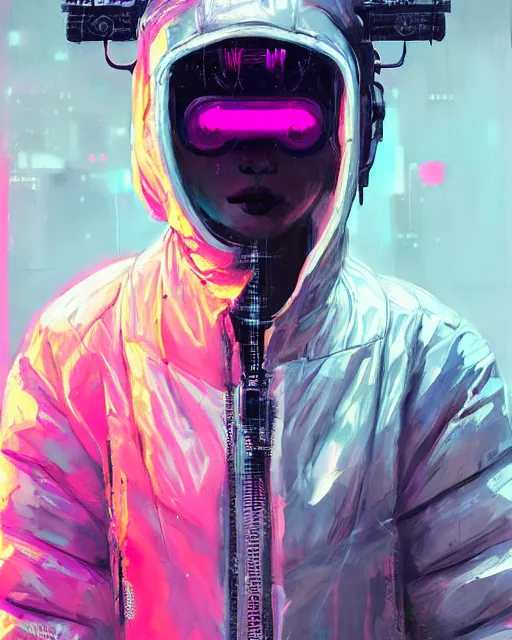 Image similar to detailed portrait Neon Operator Girl, cyberpunk futuristic neon, reflective puffy coat, decorated with traditional Japanese ornaments by Ismail inceoglu dragan bibin hans thoma greg rutkowski Alexandros Pyromallis Nekro Rene Maritte Illustrated, Perfect face, fine details, realistic shaded, fine-face, pretty face