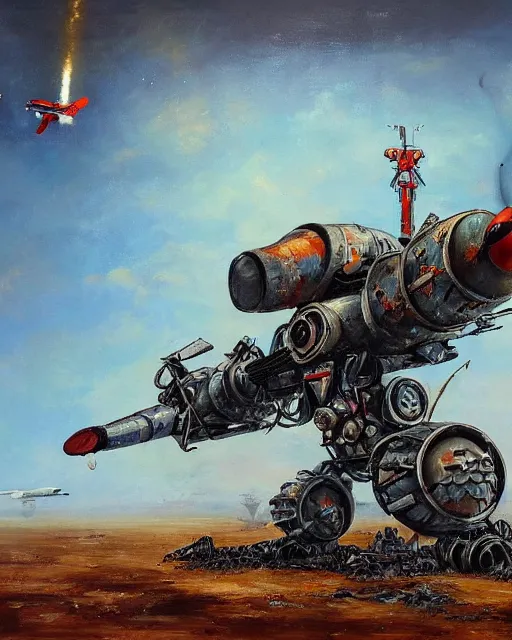 Image similar to sukhoi mech!!! armed with rockets and a minigun, humanoid figure, round machines, oil painting, soviet ( ( ( ( airplane ) ) ) ), tribal yurta, postapocalyptic, sharp focus