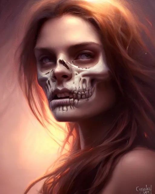 Image similar to epic portrait cinematic shot an woman with a face of a skull, creepy, flowing brown hair, shiny skin, beautiful, fine details. night setting. realistic shaded lighting poster by craig mullism, artgerm, jeremy lipkin and michael garmash, unreal engine, radiant light, detailed and intricate environment, digital art, trending on art station,