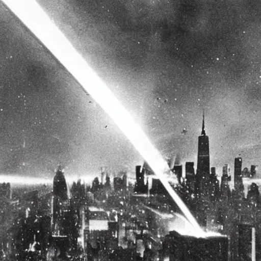 Prompt: laser beam blast destroys new york city 1 9 5 5, archive photo