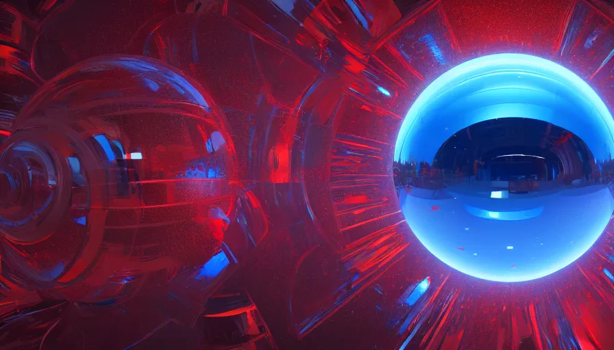 Image similar to metallic blue and red spheres, reflection, volumetric light, hyperdetailed, artstation, cgsociety, 8 k