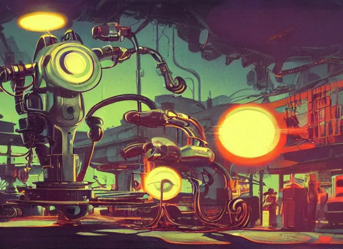 Image similar to ultra wide vintage 5 0 s robot with a claw - arm, bright coloured lights, fluid, smooth, organic, crazy, high contrast, sharpness, dramatic, by greg rutkowski and siudmak and richard corben and moebius