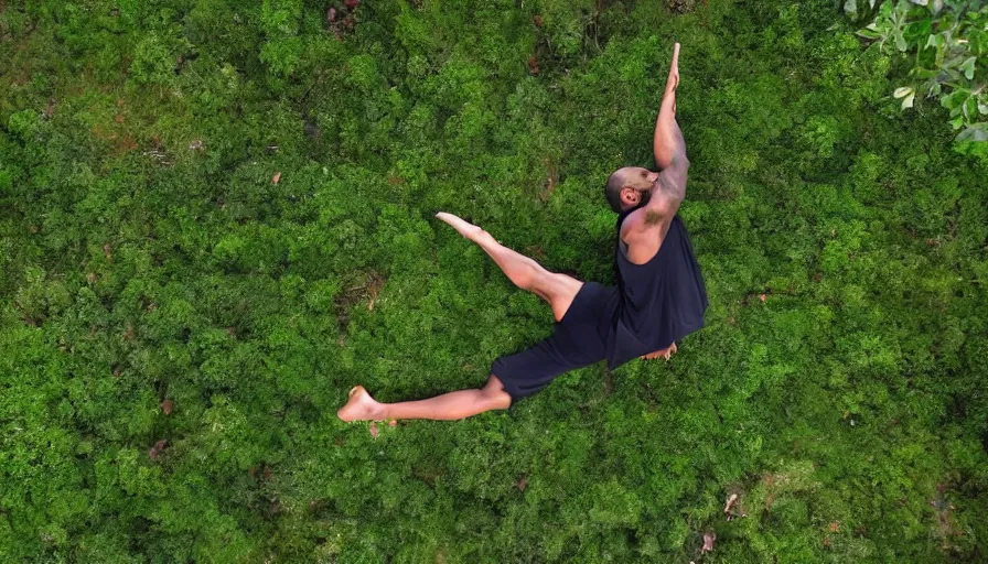 Prompt: lebron james doing yoga in the forest, cnn news footage taken from above.