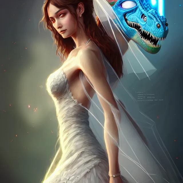 Prompt: epic professional digital art of 👰‍♀️🦖,best on artstation, cgsociety, wlop, Behance, pixiv, astonishing, impressive, outstanding, epic, cinematic, stunning, gorgeous, much detail, much wow, masterpiece.