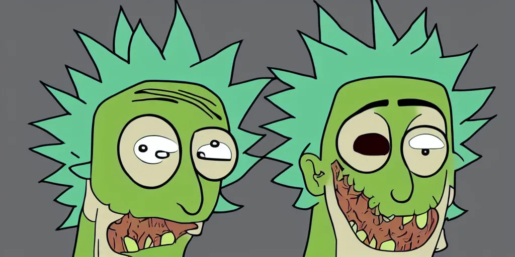 Image similar to Rick Sanchez after transforming into a Pickle Rick, terrified as his new body slowly breaks down into green goo, adult swim cartoon, 2d art