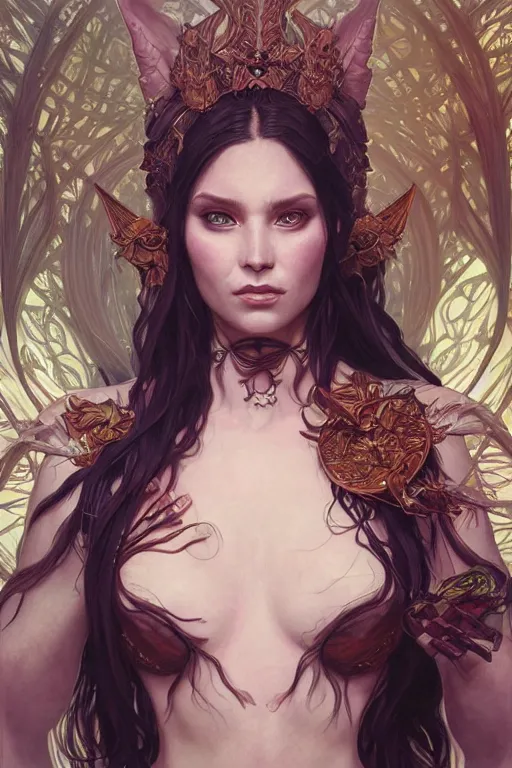 Image similar to portrait of demon elf queen, forest, godlike, upper body, fantasy, intricate, elegant, highly detailed, digital painting, artstation, concept art, sharp focus, illustration, art by artgerm and greg rutkowski and alphonse mucha