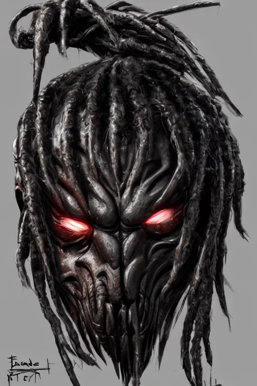 Image similar to predator 1 9 8 7 masked face redesign, portrait, highly detailed, black smooth dreads, mandables, digital painting, trending on artstation, concept art, illustration