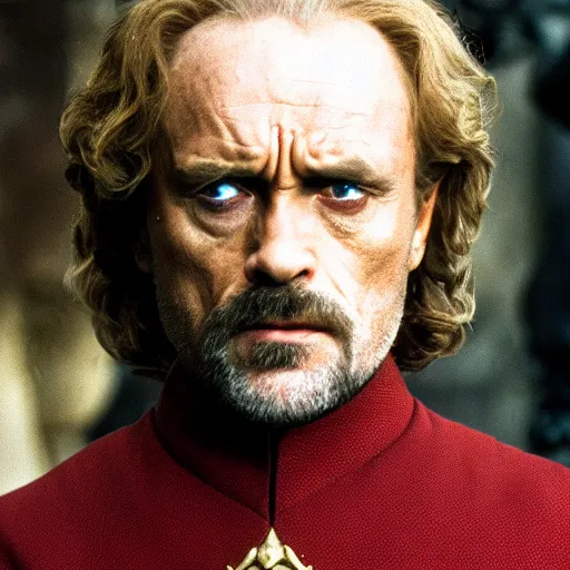 Prompt: tywin lannister as tyrion lannister photo film quality, movie still, 8 k