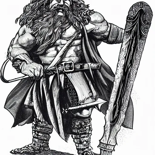 Image similar to line drawing of a fantasy dwarf fighter with a huge iron axe, sunny day, matte painting, bold shapes, hard edges, 7 0 s dungeons and dragons book cover art by greg irons, dave sutherland