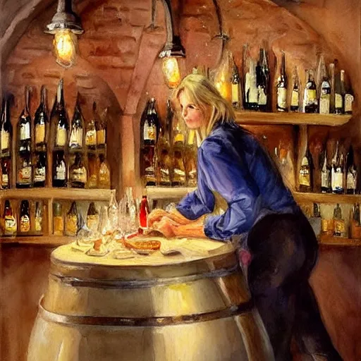 Image similar to hot blonde working in a wine cellar, food, pork, beer, schnapps, rustic, traditional, torches on the wall, watercolor by vladimir volegov