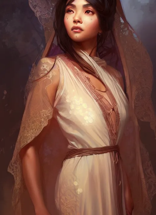 Image similar to cute brown woman wearing a transparent night gown and hanfu face veil, fantasy, intricate, highly detailed, digital painting, artstation, concept art, wallpaper, smooth, sharp focus, illustration, art by artgerm and greg rutkowski and alphonse mucha