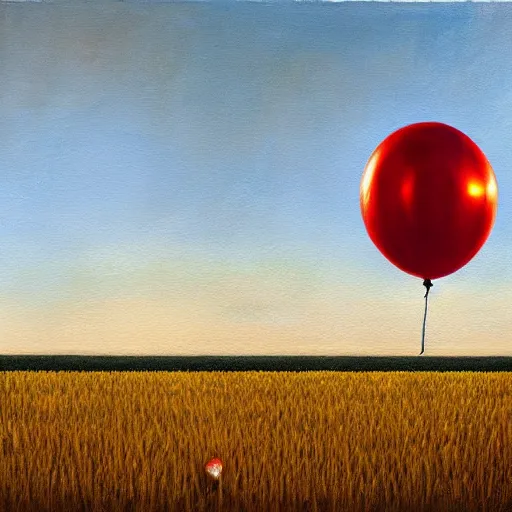 Prompt: grunge painting of cornfield with a red balloon by chris leib, horror theme, detailed, elegant, intricate, conceptual, volumetric light