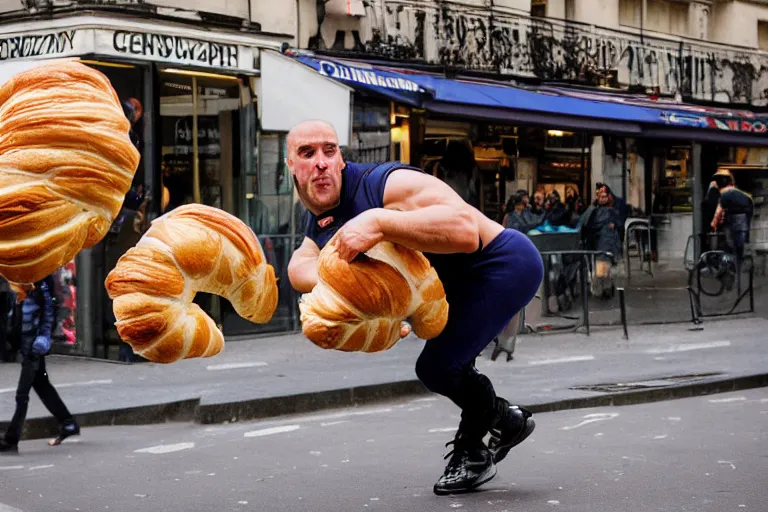 Prompt: closeup potrait of a wrestler wrestling a giant croissant in a paris street, natural light, sharp, detailed face, magazine, press, photo, Steve McCurry, David Lazar, Canon, Nikon, focus