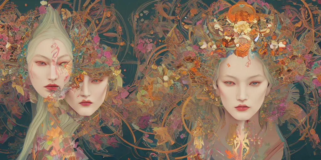 Image similar to breathtaking detailed concept art painting kaleidoscope art deco pattern of blonde faces goddesses amalmation flowers, by hsiao - ron cheng, bizarre compositions, exquisite detail, extremely moody lighting, 8 k