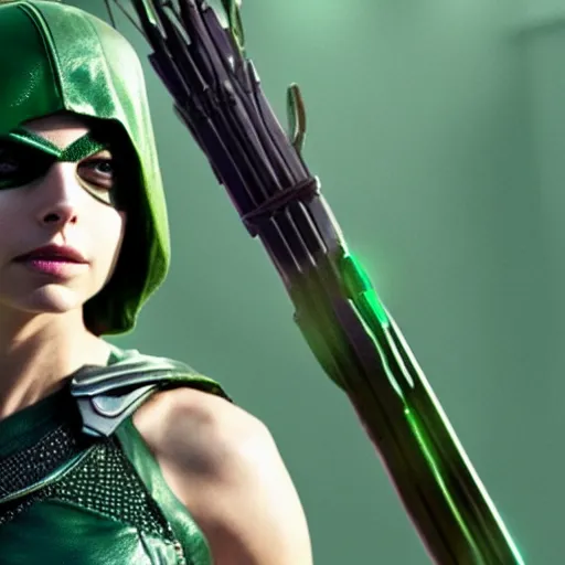 Image similar to film still of willa holland as a female green arrow in the 2 0 1 7 film justice league, focus on facial details, minimal bodycon feminine costume, dramatic cinematic lighting, inspirational tone, suspenseful tone, promotional art