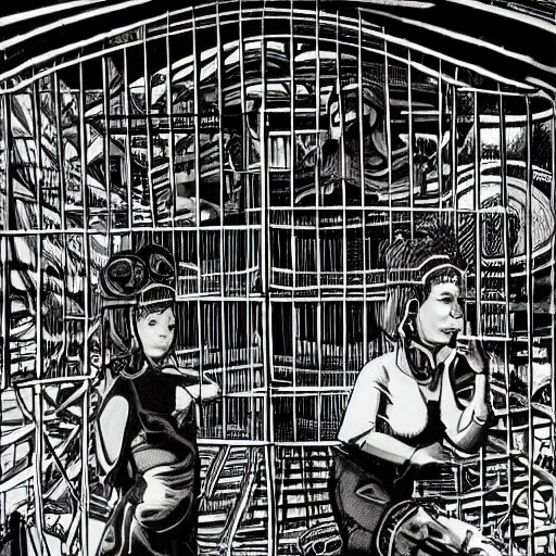 Prompt: scientists studying quetzalcoatl locked in a cage in a warehouse, 1 9 6 0's sci - fi, black and white, 8 k, highly ornate intricate details, extreme detail, punk xerox