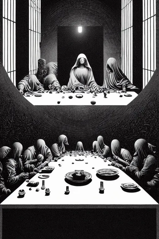 Image similar to colorful!!! the last supper by rene magritte, futuristic by laurie greasley and bouguereau, ( ( etching by gustave dore ) ), cyberpunk, ultraclear intricate, sharp focus, highly detailed digital painting illustration, concept art, masterpiece