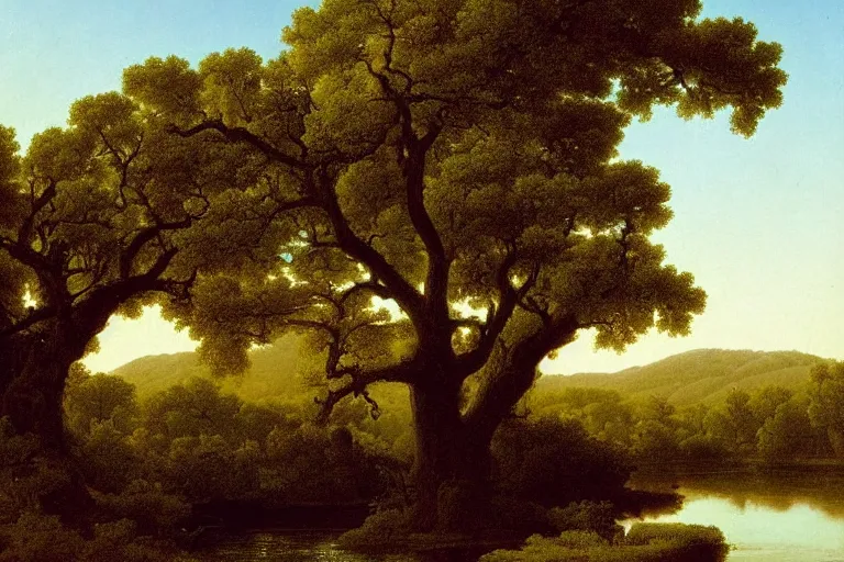 Image similar to painting of a old tree next to a meandering river by martin johnson heade