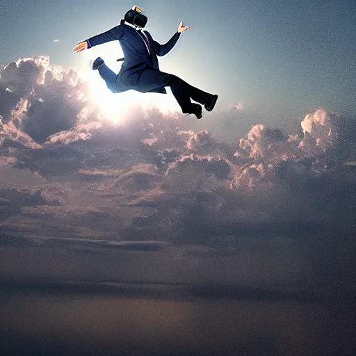 Prompt: a man with a vr headset jumping over the clouds