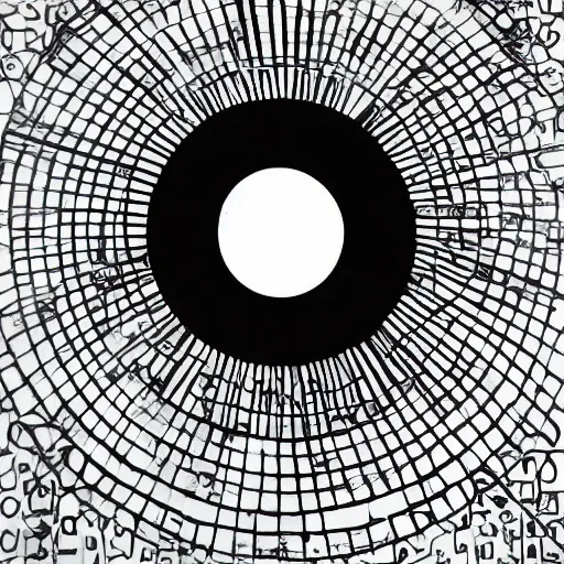 Image similar to a perfect circle where the inside is empty blank space and around the outer edge of the circle is the silhouette of a city skyline, black and white, minimalist, in the style of a charcoal drawing, made by david mellen