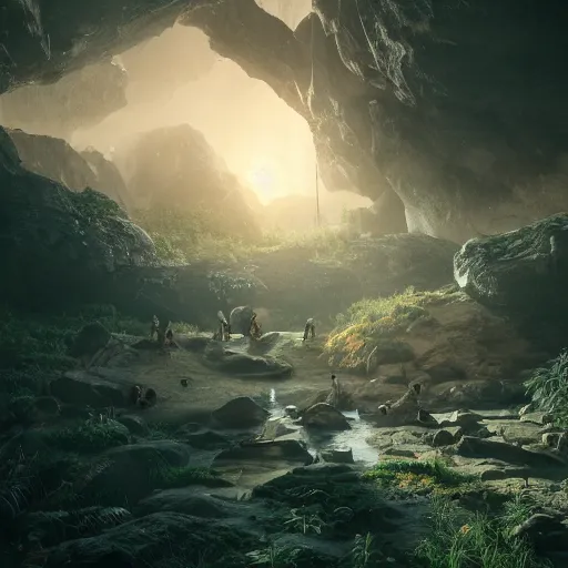 Image similar to cavemen surviving in the wild, volumetric lighting, 8 k octane beautifully detailed render, post - processing, extremely hyper - detailed, intricate, epic composition, cinematic lighting, masterpiece, trending on artstation, detailed detailed detailed, masterpiece, beautiful cinematic light,