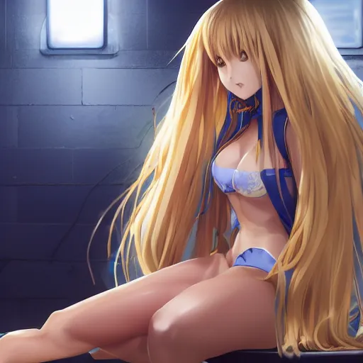 Prompt: a very beautiful young anime girl sitting in a dark prison cell, full body, long wavy blond hair, sky blue eyes, full round face,, shiny golden bikini, miniskirt, front shot, sitting in a dark prison cell, highly detailed, cinematic wallpaper by stanley artgerm lau