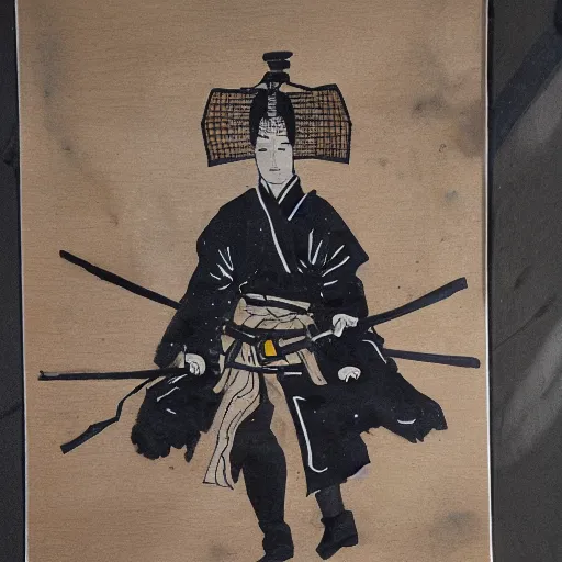 Image similar to puddled ink painting of a samurai,