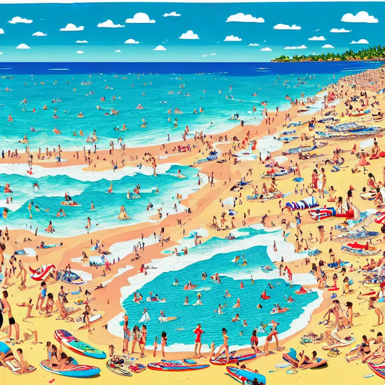 Prompt: high detailed full page spread from the where's waldo at a densely populated beach, high angle medium wide, waldo in the top right of frame, high detail illustration, coherent