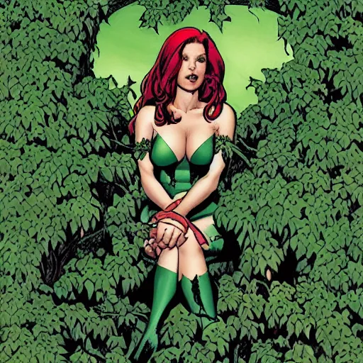 Image similar to dc comics poison ivy character sitting in a throne made of vines and trees art by frank cho, joe chiodo, bruce timm