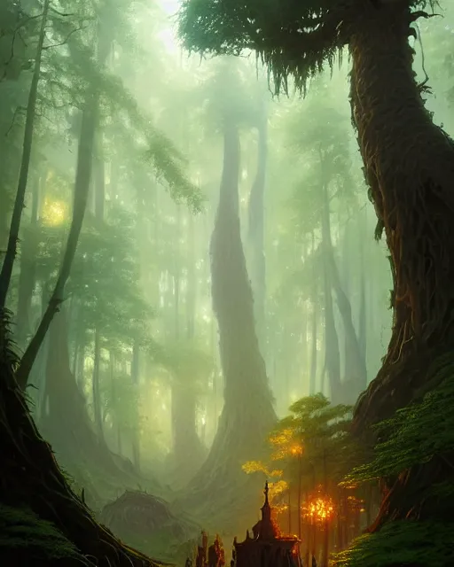 Image similar to forest of enormous trees surrounding a magical pod, deep focus, d & d, fantasy, intricate, elegant, highly detailed, digital painting, artstation, concept art, matte, sharp focus, illustration, hearthstone, art by greg rutkowski and alphonse mucha and andreas rocha