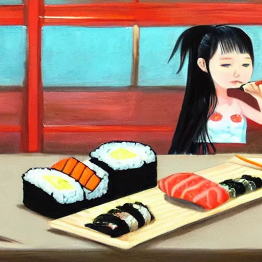 Image similar to Angry girl eats sushi while her jealous cat is watching, painting by 奈良美智