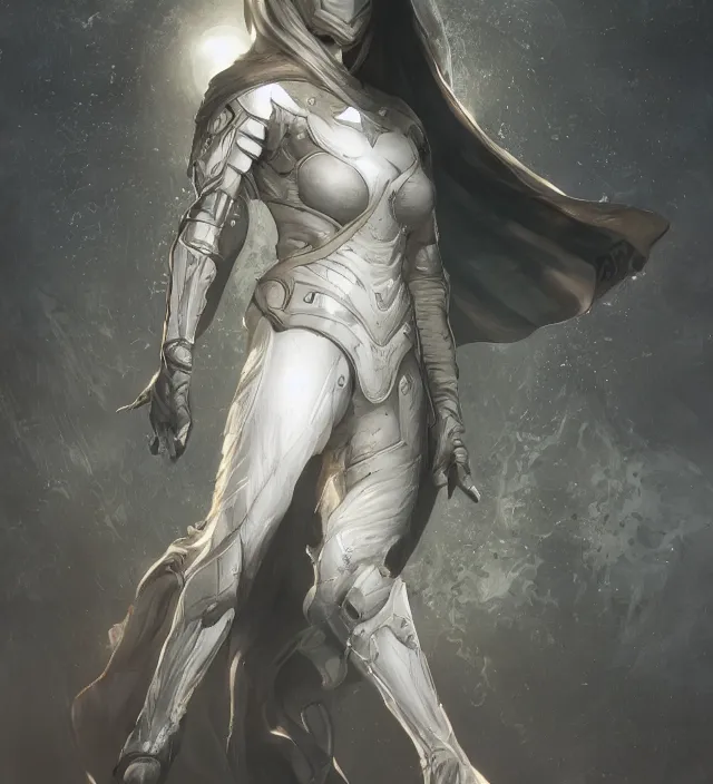 Image similar to female moon knight, hyper detailed, digital art, trending in artstation, cinematic lighting, studio quality, smooth render, unreal engine 5 rendered, octane rendered, art style by klimt and nixeu and ian sprigger and wlop and krenz cushart