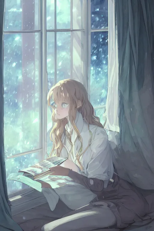 Prompt: a digital painting of a girl in a jk uniform outfit in the bedroom reading a book in a night, raining outside the window, dark and grey theme ， wavy white long hair, by krenz cushart and mucha and akihito yoshida and greg rutkowski and makoto shinkai, detailed eyes, 4 k resolution 、 trending on art station