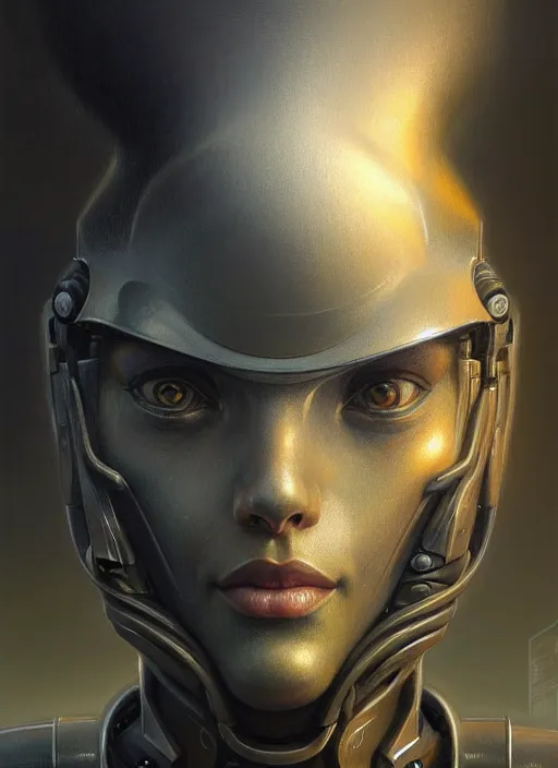 Image similar to closeup portrait shot of a robot soldier in a scenic dystopian environment, intricate, elegant, highly detailed, centered, digital painting, artstation, concept art, smooth, sharp focus, illustration, artgerm, tomasz alen kopera, peter mohrbacher, donato giancola, joseph christian leyendecker, wlop, boris vallejo