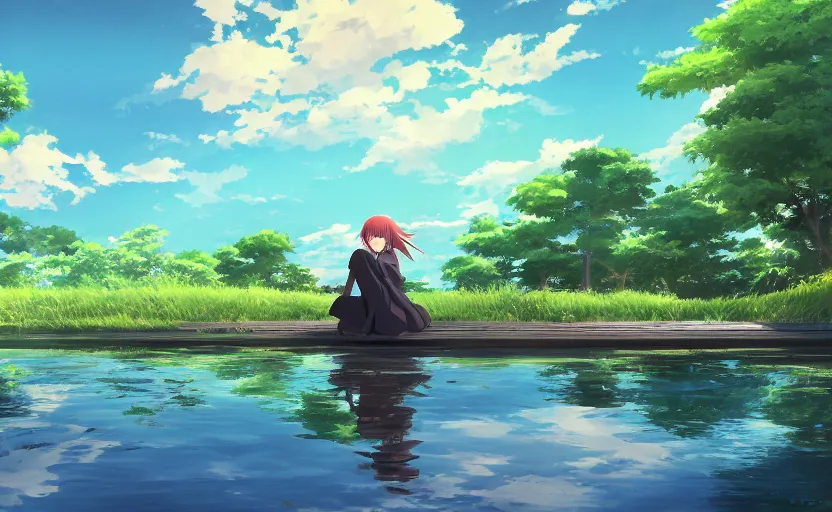 Image similar to An anime girl sitting on a dock, fishing in a pond, anime scenery by Makoto Shinkai, digital art