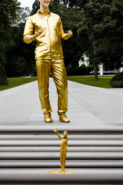 Image similar to A beautiful gold stone statue of Mark Zuckerberg in front of White House, photo by Steve McCurry, heroic pose, detailed, smooth, smiling, professional photographer