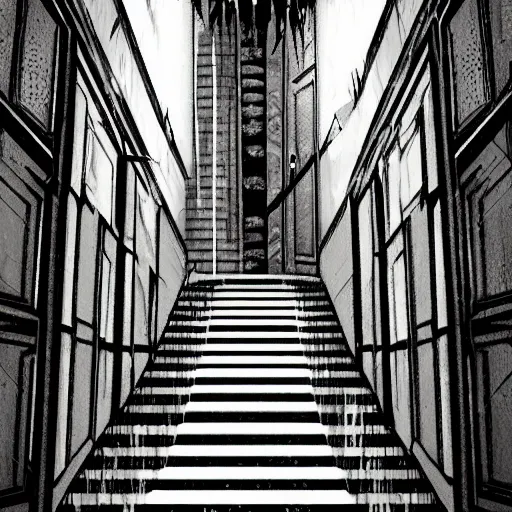 Image similar to a terrifying dark hallway with many doors and many stairs, impending doom, horror, Mc Escher architecture, epic composition, anime key visual