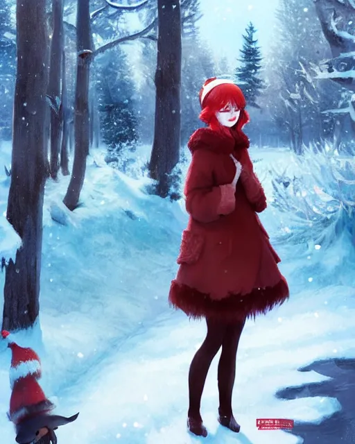 Image similar to emma stone with red hair in ushanka, winter forest decoration on the background, a beautiful half body illustration, top lighting, perfect shadow, soft painting, art by hidari and krenz cushart and wenjun lin