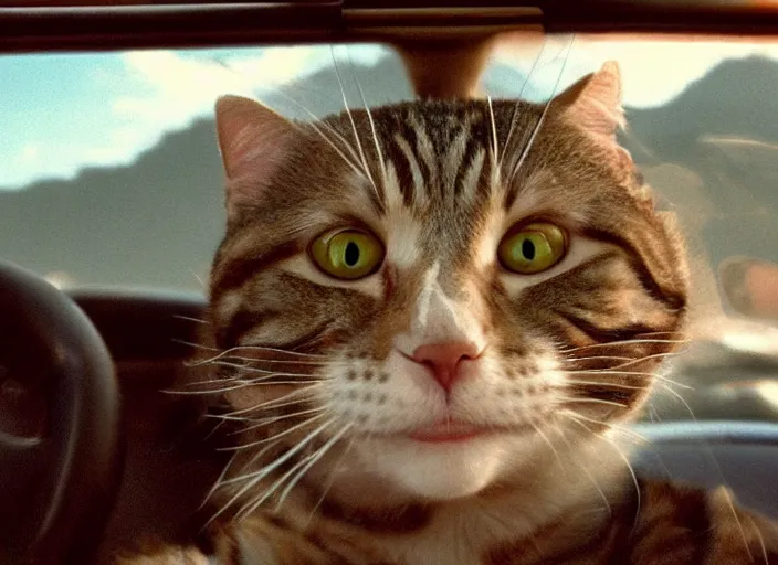 Image similar to A very high resolution image from a new movie, a cat driving a car around, inside of a car , mountains, Polaroid, directed by wes anderson