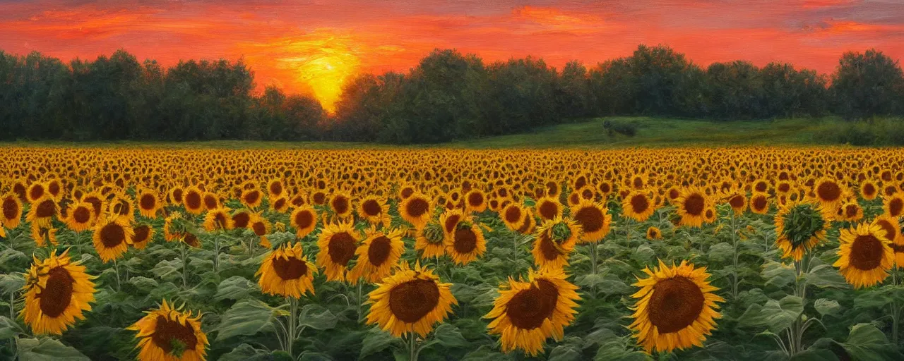 Prompt: a field of sunflowers at sunrise, an oil painting by greg rukowski