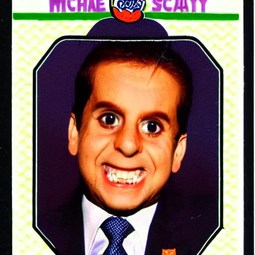 Prompt: michael scott garbage pail kid style trading card 1 9 8 7