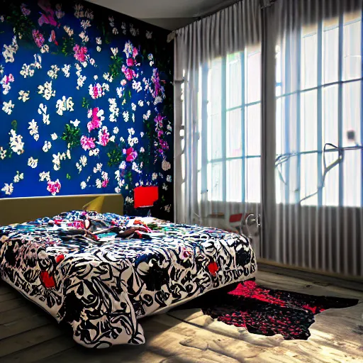 Prompt: male artist's messy, cluttered, dirty bedroom with blue and black floral painted walls and a big bold red christian cross on the wall. black dark flowers painted on walls. black flower pattern. realistic, highly detailed, sharp focus, volumetric lighting, full shot, 3 5 mm, unreal engine,