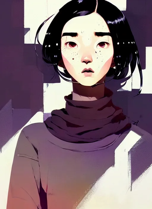 Image similar to highly detailed closeup portrait of cool black hair short, cinnamon skin teen, korean, black suit by atey ghailan, by greg rutkowski, by greg tocchini, by james gilleard, by joe fenton, by kaethe butcher, gradient dark purple, black and white color scheme, grunge aesthetic!!! ( ( graffiti tag wall background ) )