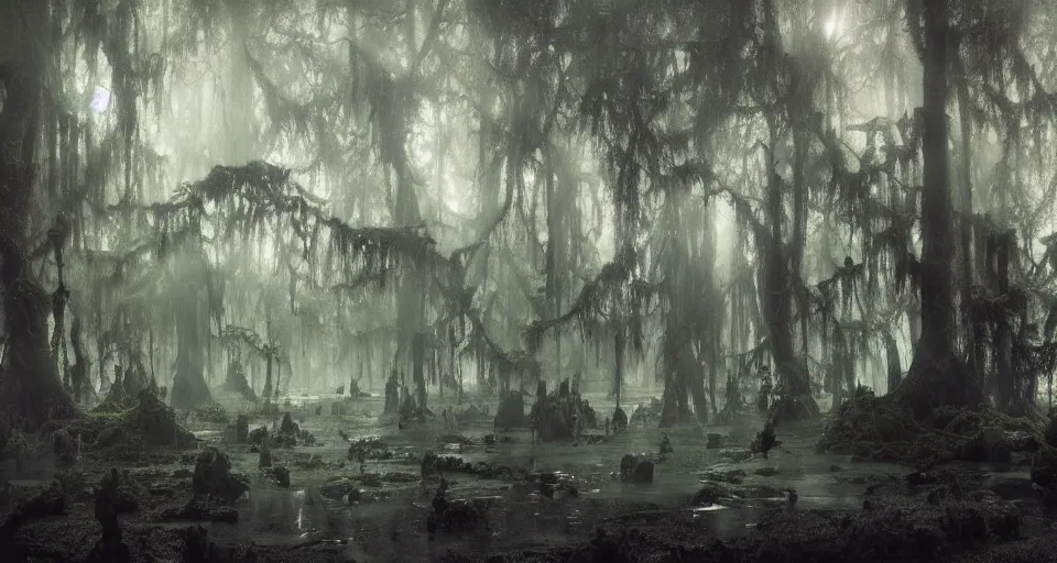 Prompt: A dense and dark enchanted forest with a swamp, by Ruan jia